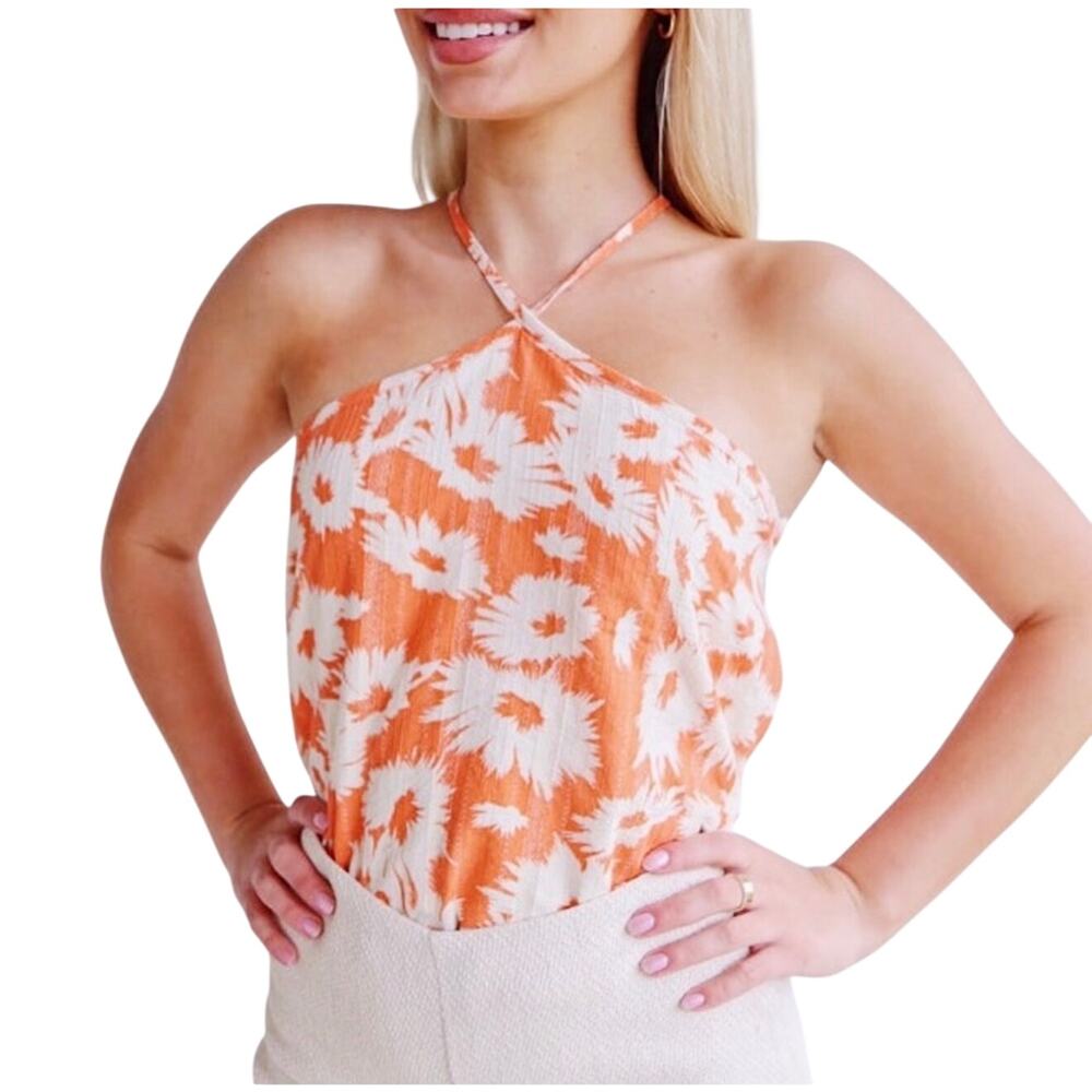 Olivaceous Linen Floral Tie Shoulder Crop Top Flame Cream Size L NWT